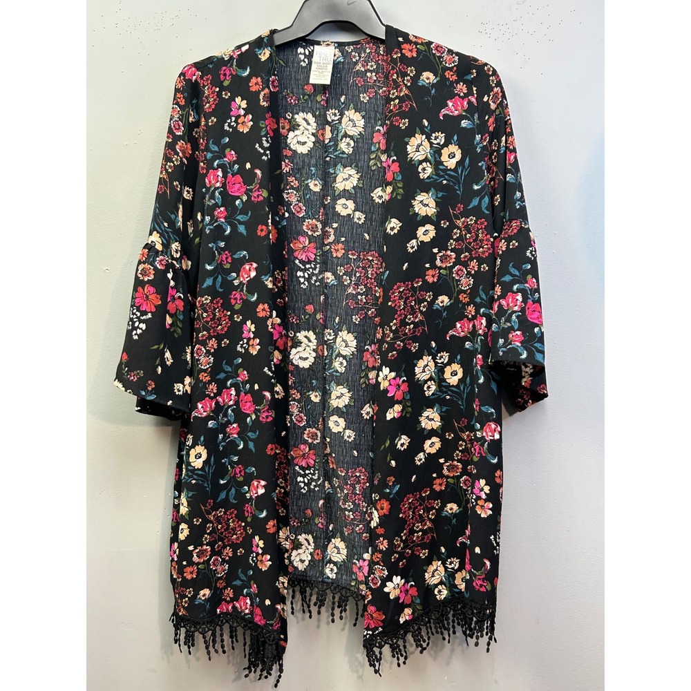 Time and Tru Kimono Womens OS Black Floral Open Front Bell Sleeve Pom Trim